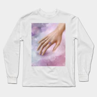 Female Hand With Purple Rings Touching a Soft Purple Fabric Long Sleeve T-Shirt